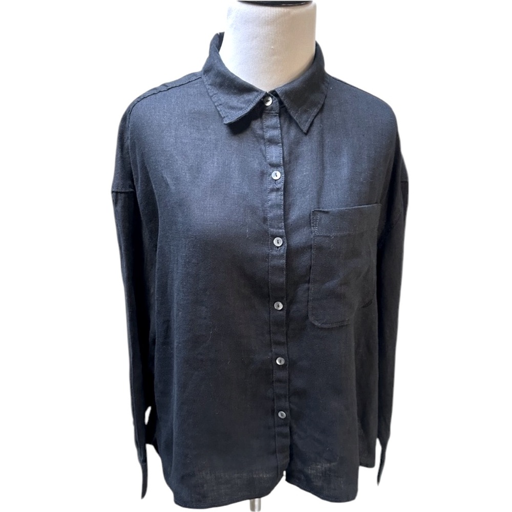 100%LINEN Nicole Miller L/S Shirt Tortoise Shell Buttons EUROPEAN GROWN FLAX M - Picture 2 of 6
